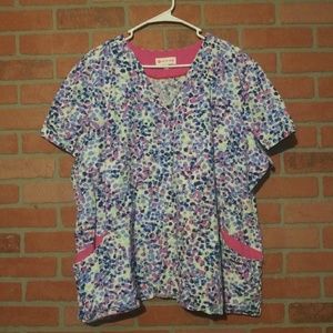 3X scrub top White Cross polka dot pink purple